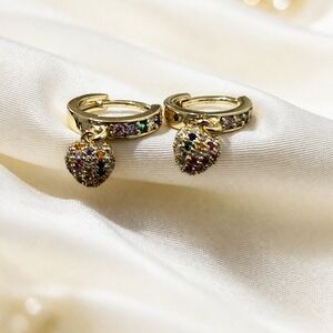 Gold Heart Charm Hoop Earrings with Multicolor Stones - Women Jewelry